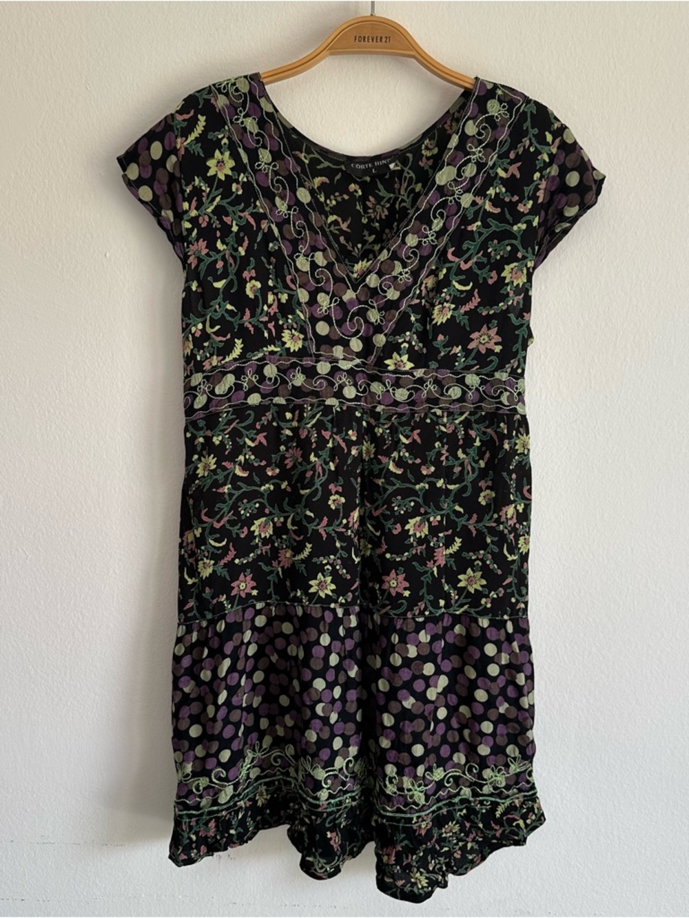 Vintage Y2K Corte Hindu Dress Mini Patchwork Floral Black Green Embroidered